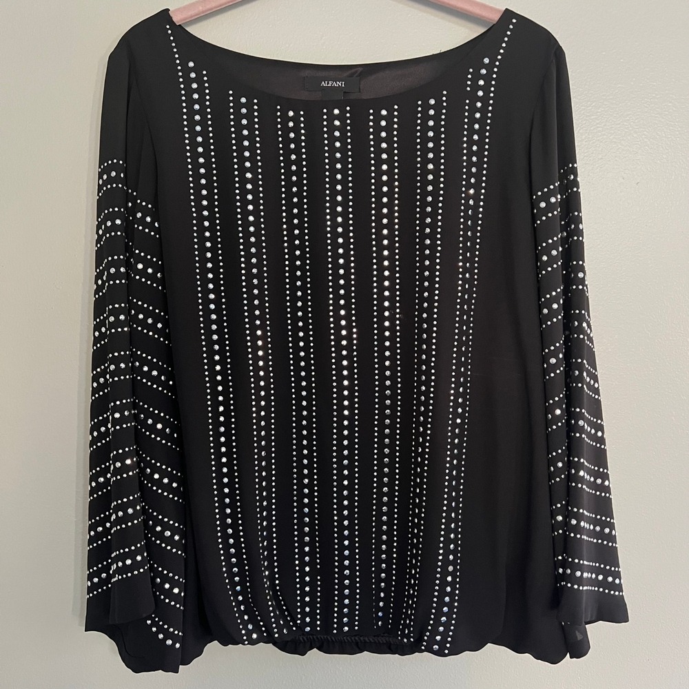 Alfani Womens Black Rhinestone Embellished Bell Sleeve Bubble Hem Blouse Size 10